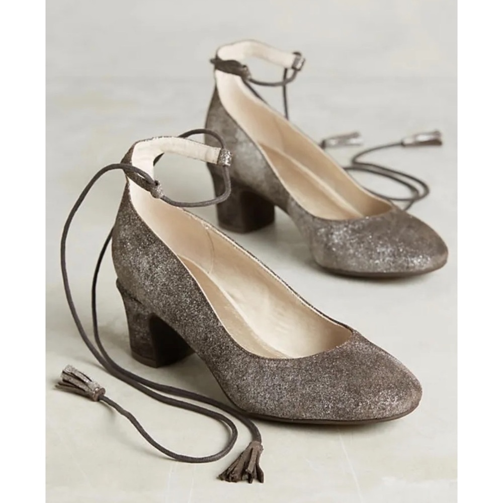 Anthropologie Lien Do Metallic Suede Pachuca Lace Up Tassel Heel EUC Size 7
